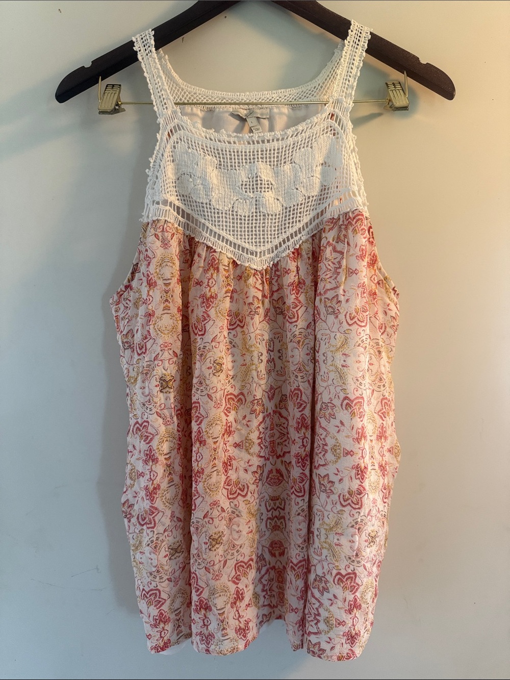 Joie White Orange Silk Floral Crochet Top with Ivory Lining Sz L EUC